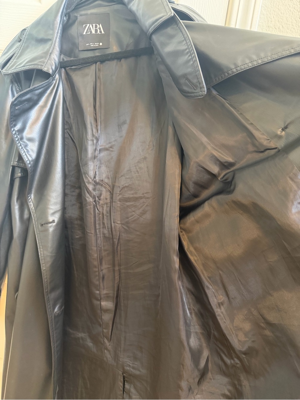 Zara Black Faux Leather Double-Breasted Trench Coat - Picture 8 of 10